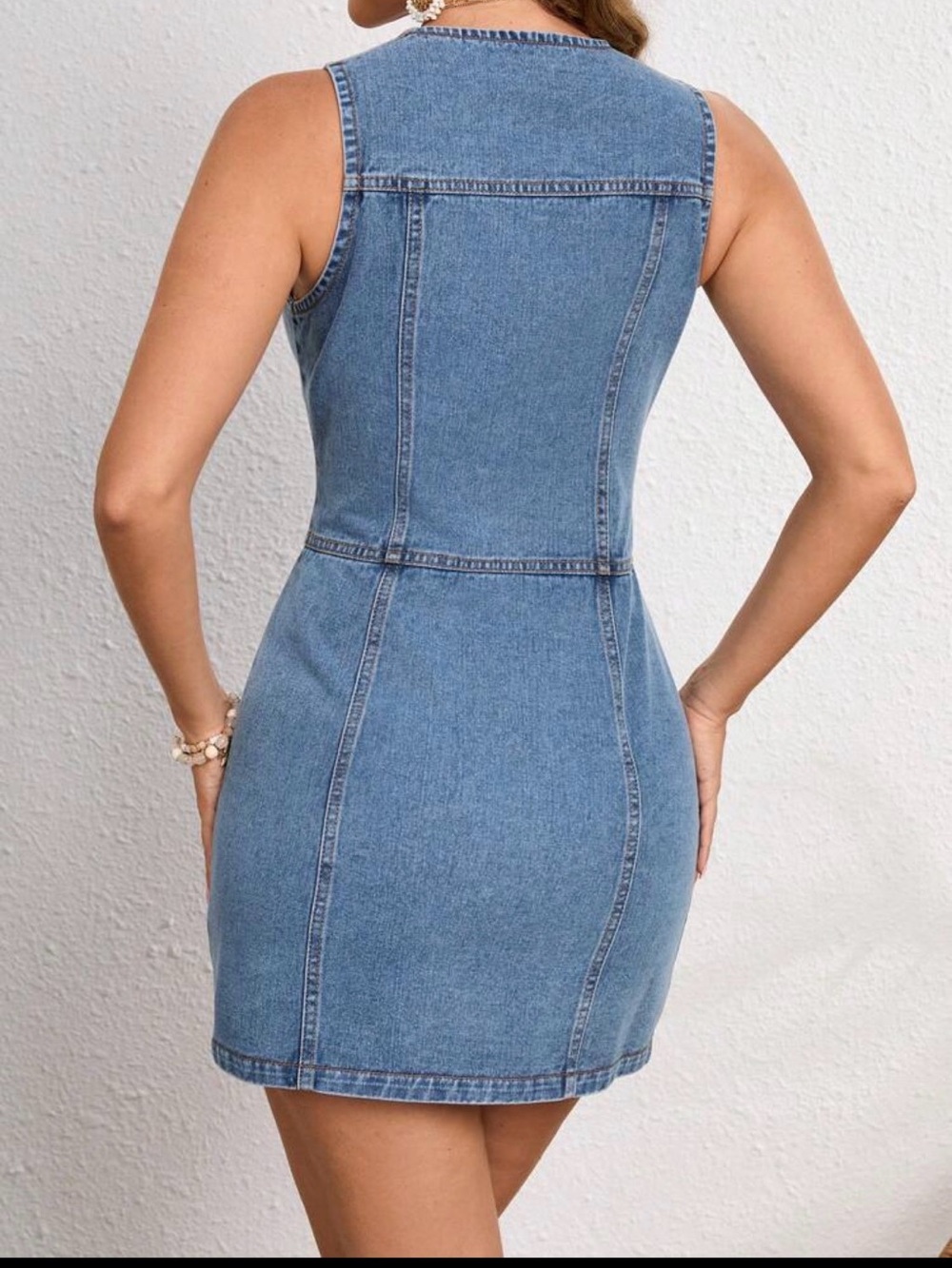 Denim Button-Front Sleeveless Bodycon Dress - Blue - Picture 4 of 6